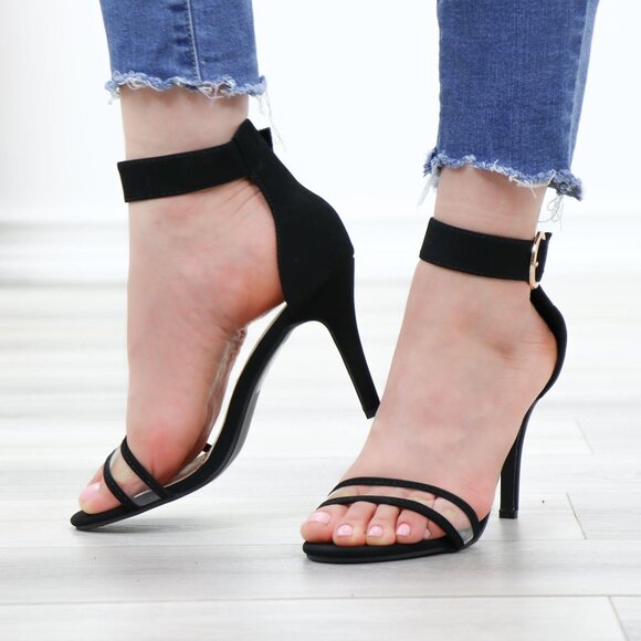 Velvet Black Open Toe Clear Strap High Heel Sandals - Picture 12 of 13